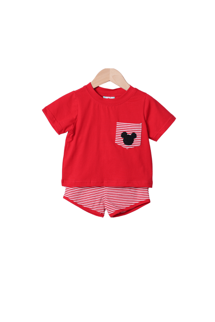 The Smocked Flamingo Apparel & Accessories French Knot Mouse Red/Stripe Knit Short Set