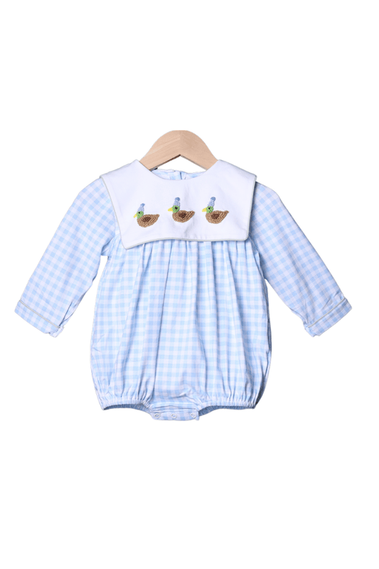 The Smocked Flamingo Apparel & Accessories French Knot Party Duck Blue Gingham Long Sleeve Bubble
