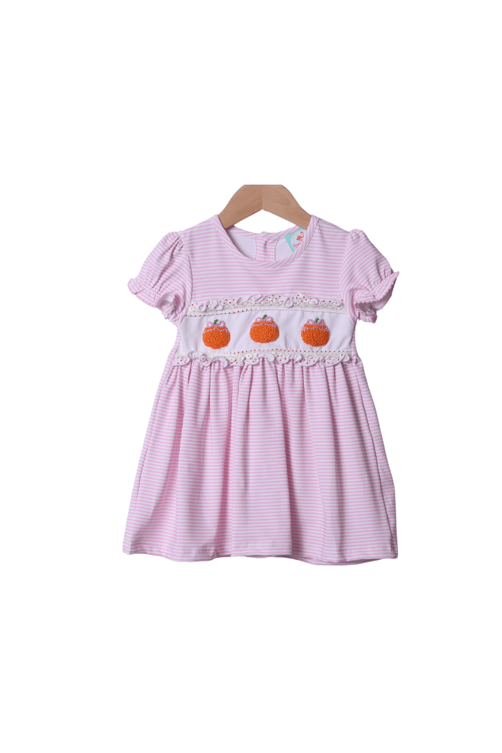 The Smocked Flamingo Apparel & Accessories French Knot Pink Stripe Pumpkin Dress
