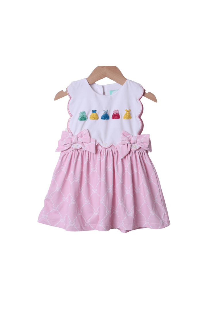 The Smocked Flamingo Apparel & Accessories French Knot Princess Pink Trellis Bow Dress