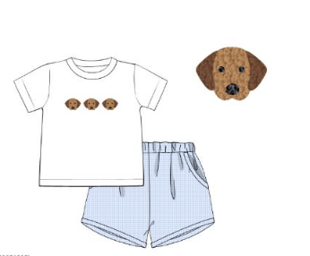 The Smocked Flamingo Apparel & Accessories French Knot Puppy Blue Gingham White Knit Short Set