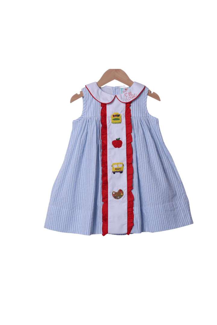 The Smocked Flamingo Apparel & Accessories French Knot School Blue Pinstripe Red Ruffle Dress