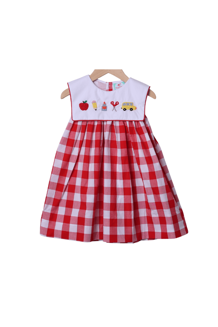 The Smocked Flamingo Apparel & Accessories French Knot School Supplies Red Gingham Dress