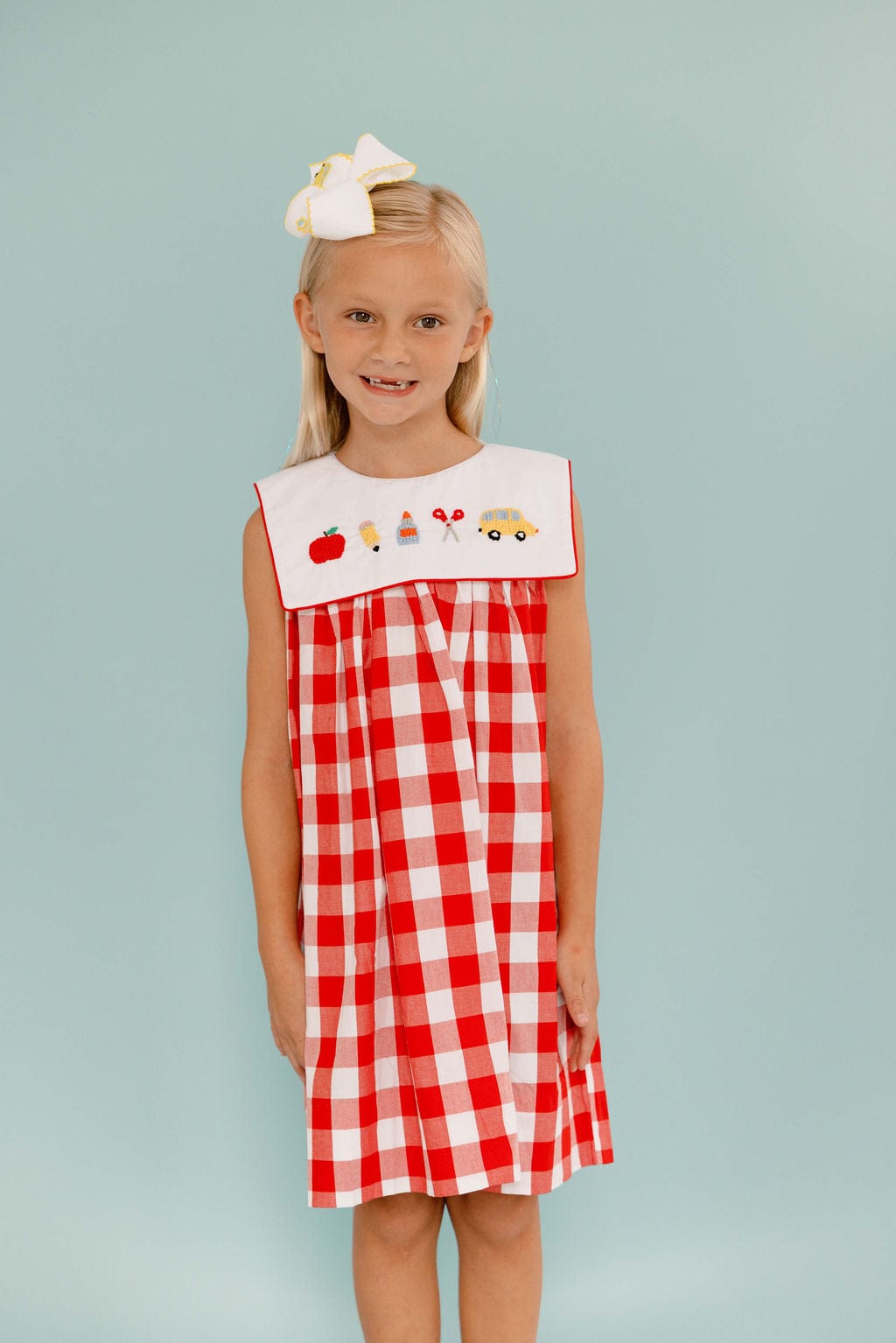 The Smocked Flamingo Apparel & Accessories French Knot School Supplies Red Gingham Dress