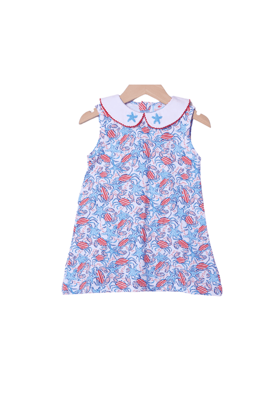 The Smocked Flamingo Apparel & Accessories French Knot Starfish and Crab Red and Blue Dress