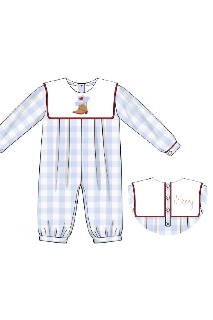 The Smocked Flamingo Apparel & Accessories French Knot Sweet Cowboy Boots Blue Buffalo Check Romper