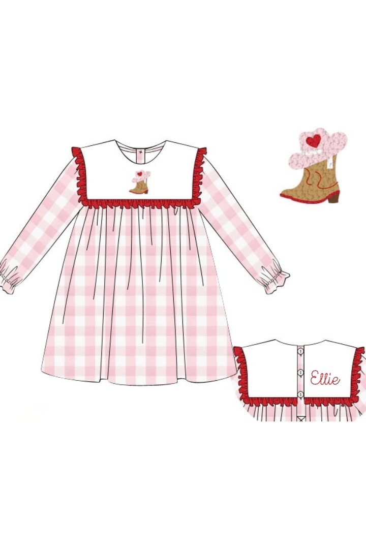 The Smocked Flamingo Apparel & Accessories French Knot Sweet Cowgirl Boots Pink Buffalo Check Dress