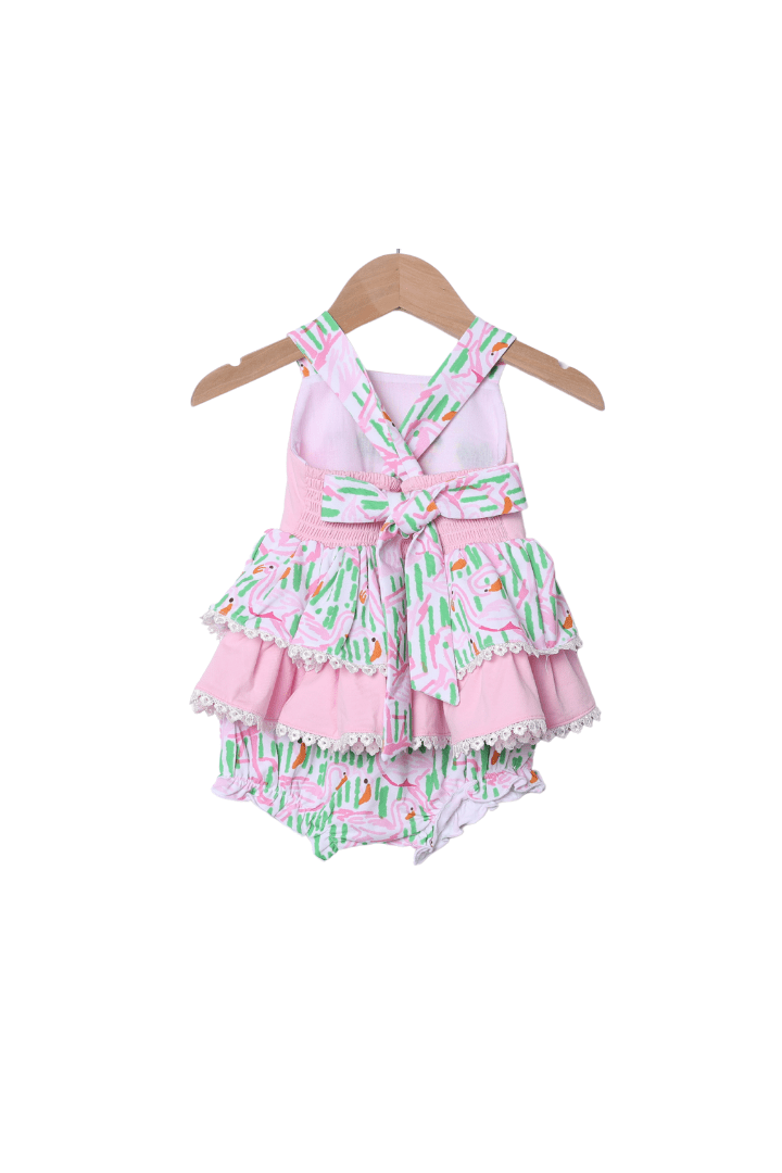 The Smocked Flamingo Apparel & Accessories French Knot Tropical Flamingo Bow Bloomer Set