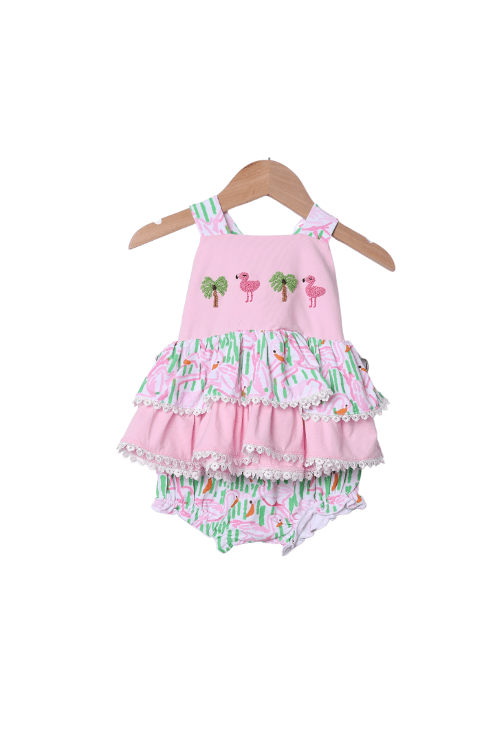 The Smocked Flamingo Apparel & Accessories French Knot Tropical Flamingo Bow Bloomer Set