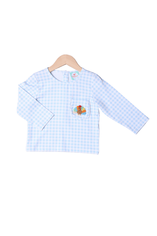 The Smocked Flamingo Apparel & Accessories French Knot Turkey Blue Gingham Shirt