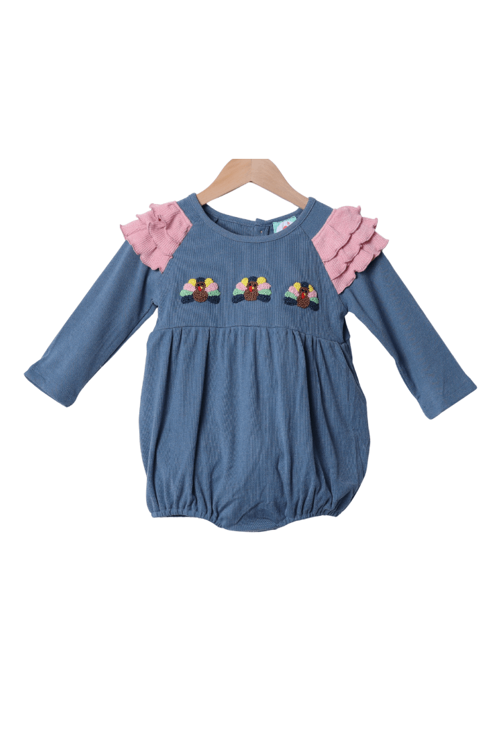 The Smocked Flamingo Apparel & Accessories French Knot Turkey Navy Ruffle Bubble