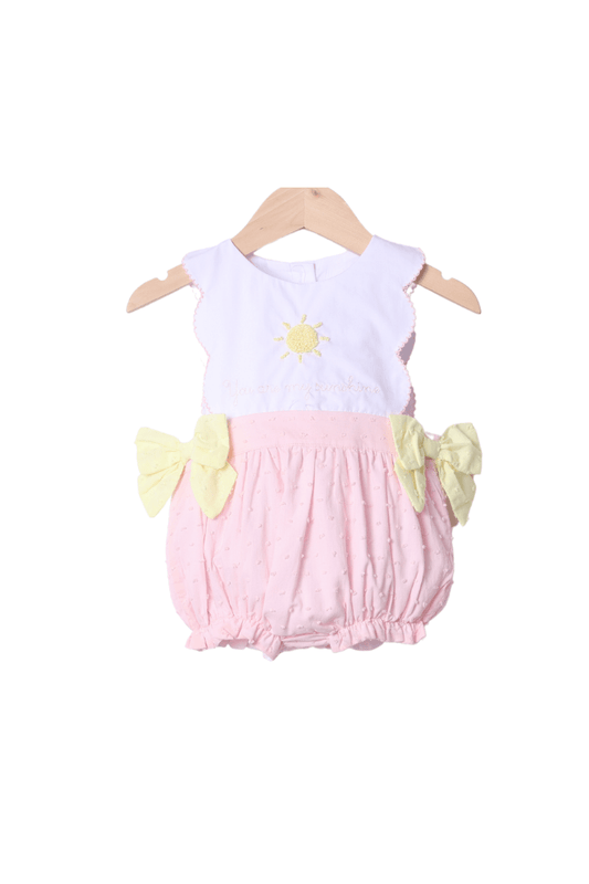 The Smocked Flamingo Apparel & Accessories French Knot You are My Sunshine Pink Swiss Dot Bubble