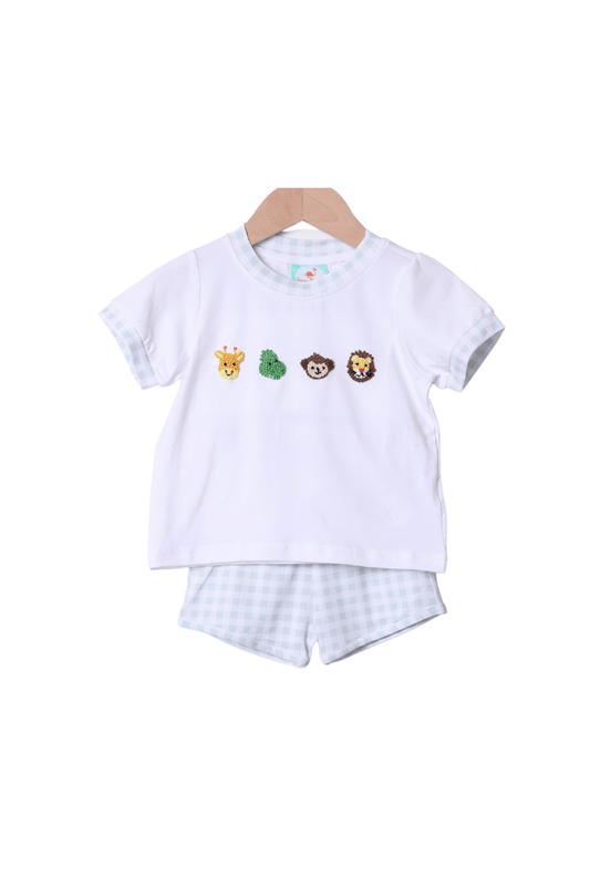 The Smocked Flamingo Apparel & Accessories French Knot Zoo Friends Gingham Short Set