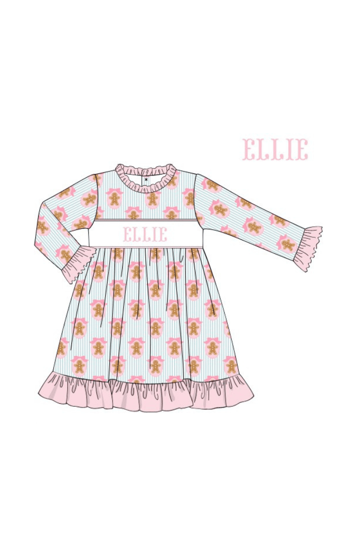 The Smocked Flamingo Apparel & Accessories Gown / 6M Pre-Order Smocked Custom Name Pink Gingerbread Lane Trimmings