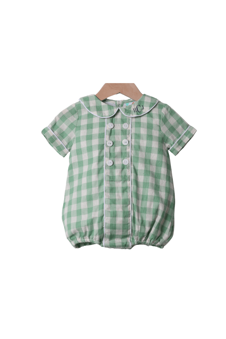 The Smocked Flamingo Apparel & Accessories Green Gingham Linen Button Bubble