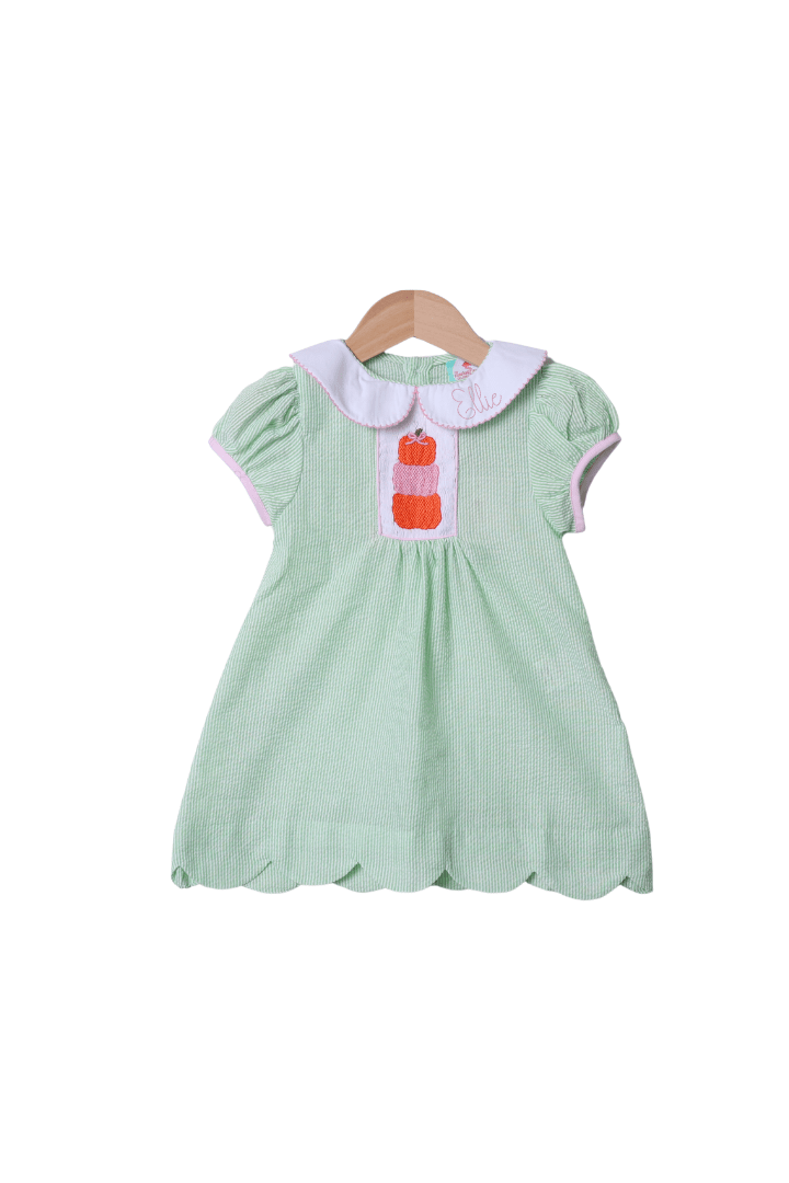The Smocked Flamingo Apparel & Accessories Green Seersucker Pumpkin Dress