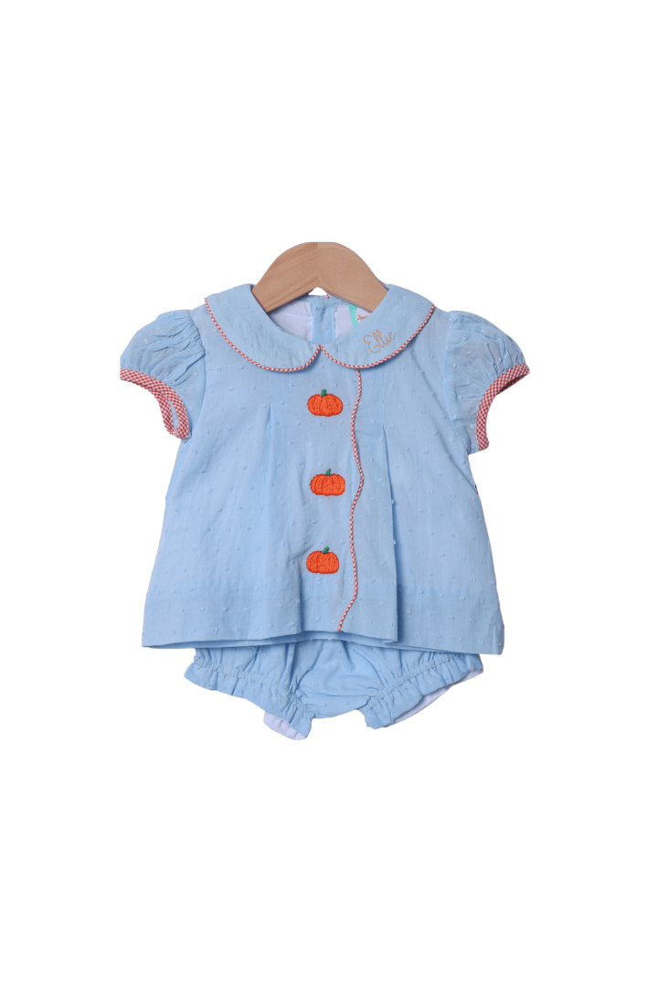 The Smocked Flamingo Apparel & Accessories Hand Embroidered Blue Swiss Dot Pumpkin Bloomer Set