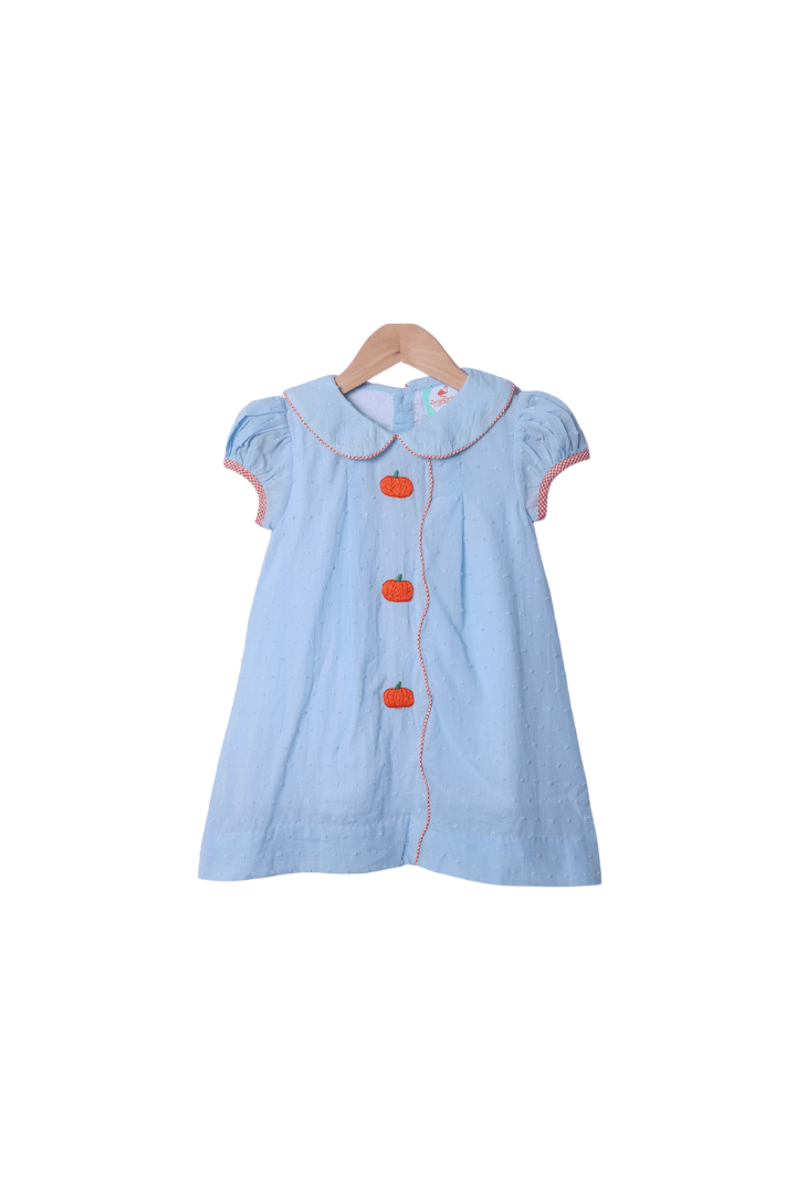 The Smocked Flamingo Apparel & Accessories Hand Embroidered Blue Swiss Dot Pumpkin Dress