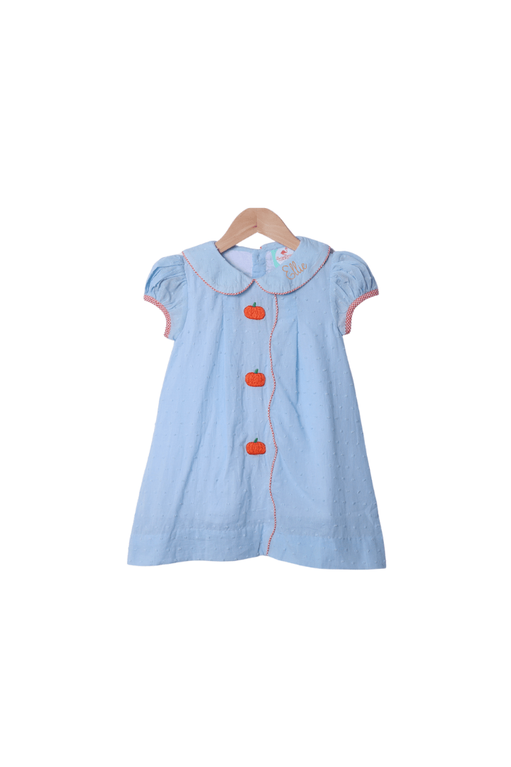 The Smocked Flamingo Apparel & Accessories Hand Embroidered Blue Swiss Dot Pumpkin Dress