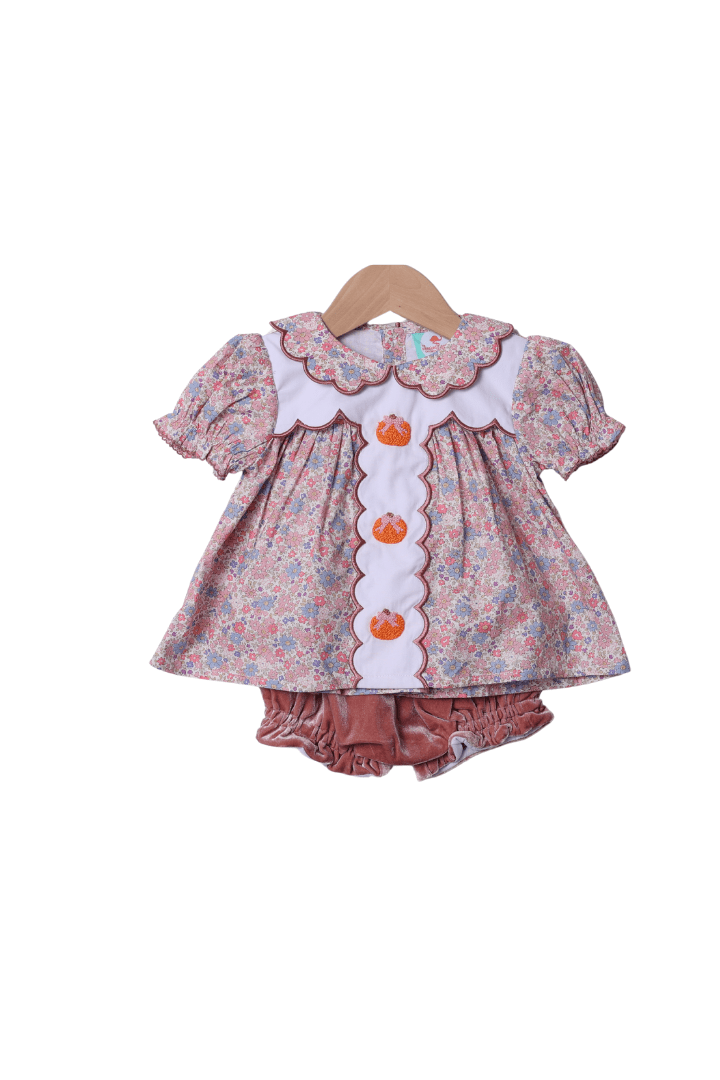 The Smocked Flamingo Apparel & Accessories Hand Embroidered Floral Bow Pumpkin Velvet Bloomer Set