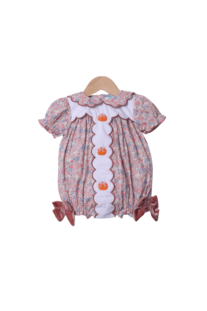 The Smocked Flamingo Apparel & Accessories Hand Embroidered Floral Pink Bow Pumpkin Bubble