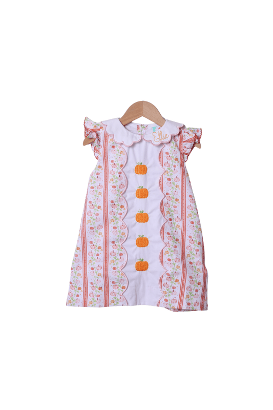 The Smocked Flamingo Apparel & Accessories Hand Embroidered Floral Pumpkins Flutter Sleeve Dress