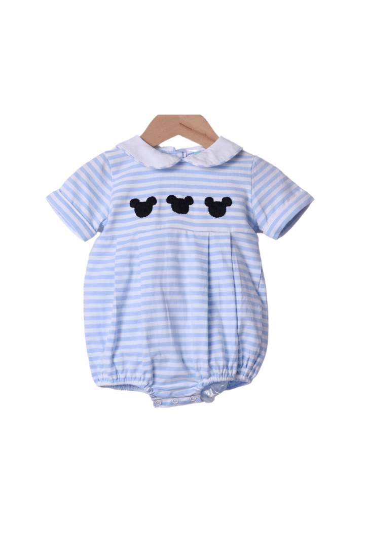 The Smocked Flamingo Apparel & Accessories Hand Embroidered Mouse Blue Stripe Knit Bubble