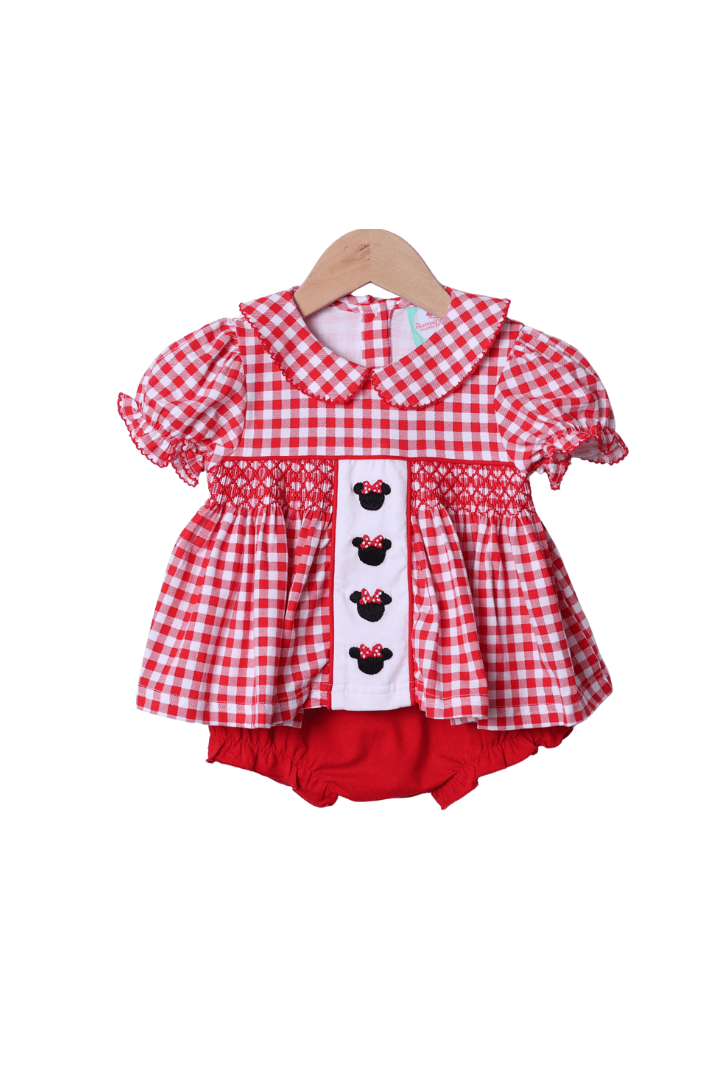 The Smocked Flamingo Apparel & Accessories Hand Embroidered Mouse Red Gingham Knit Bloomer Set
