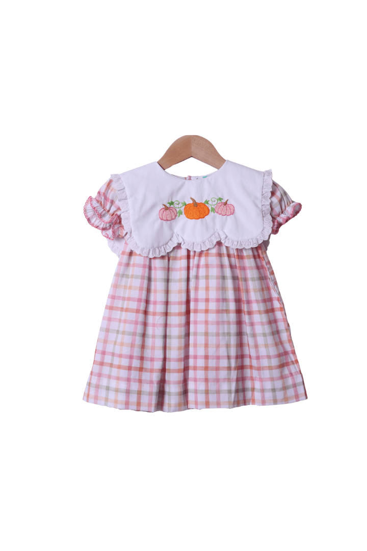 The Smocked Flamingo Apparel & Accessories Hand Embroidered Plaid Pumpkin Dress