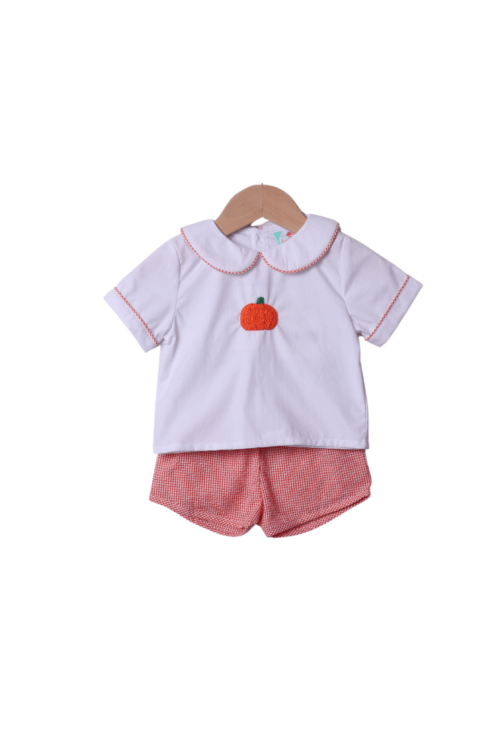The Smocked Flamingo Apparel & Accessories Hand Embroidered Pumpkin Orange Seersucker Gingham Short Set