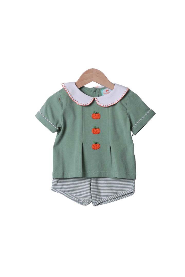 The Smocked Flamingo Apparel & Accessories Hand Embroidered Pumpkin Sage Stripe Short Set