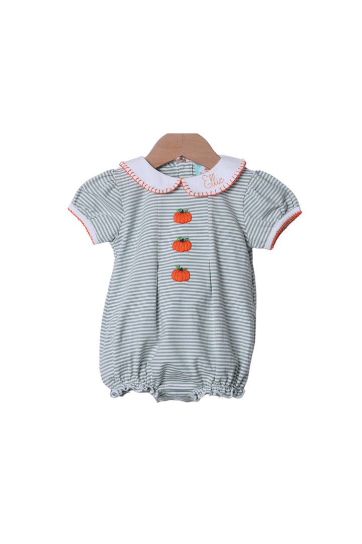 The Smocked Flamingo Apparel & Accessories Hand Embroidered Sage Stripe Pumpkin Bubble