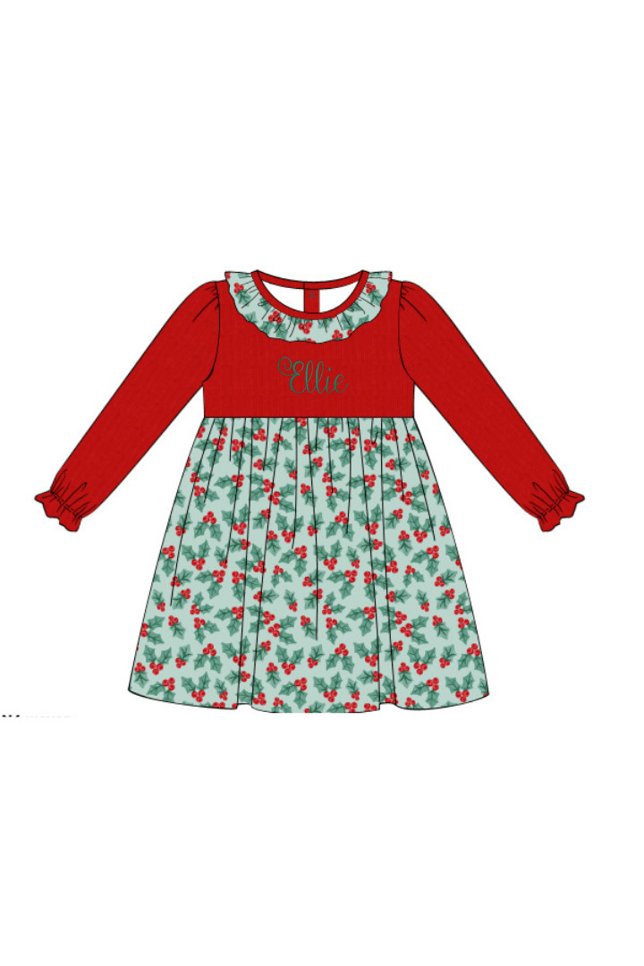 The Smocked Flamingo Apparel & Accessories Holiday Holly Honeycomb Ruffle Dress