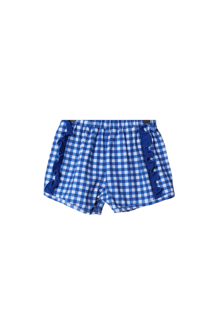 The Smocked Flamingo Apparel & Accessories Kentucky Blue Gingham Knit Ruffle Short Set