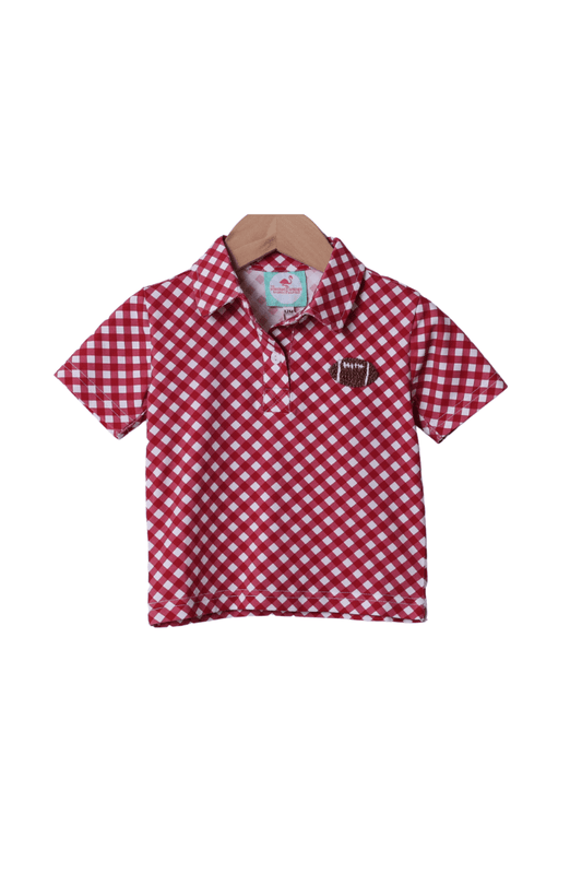 The Smocked Flamingo Apparel & Accessories Maroon Gingham French Knot Football Polo