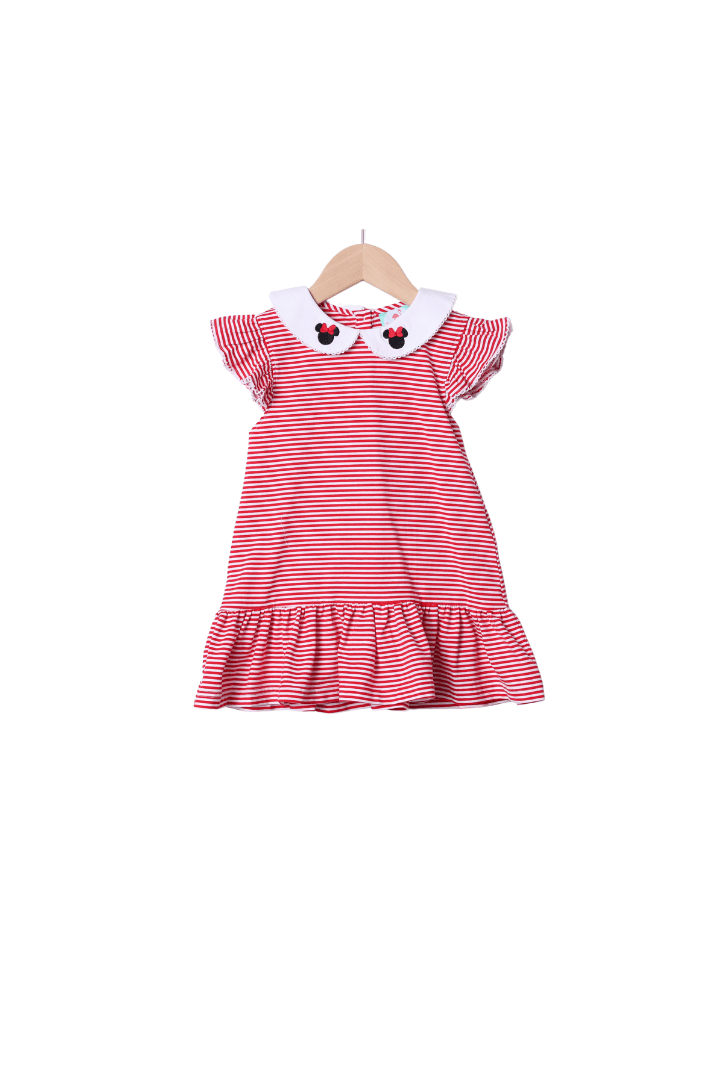 The Smocked Flamingo Apparel & Accessories Mouse Red Knit Stripe Flutter Dress