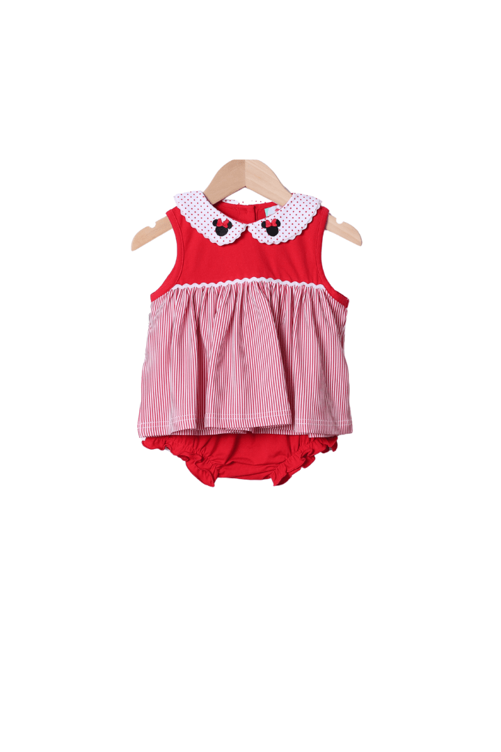 The Smocked Flamingo Apparel & Accessories Mouse Red Knit Stripe/Polka Dot Bloomer Set