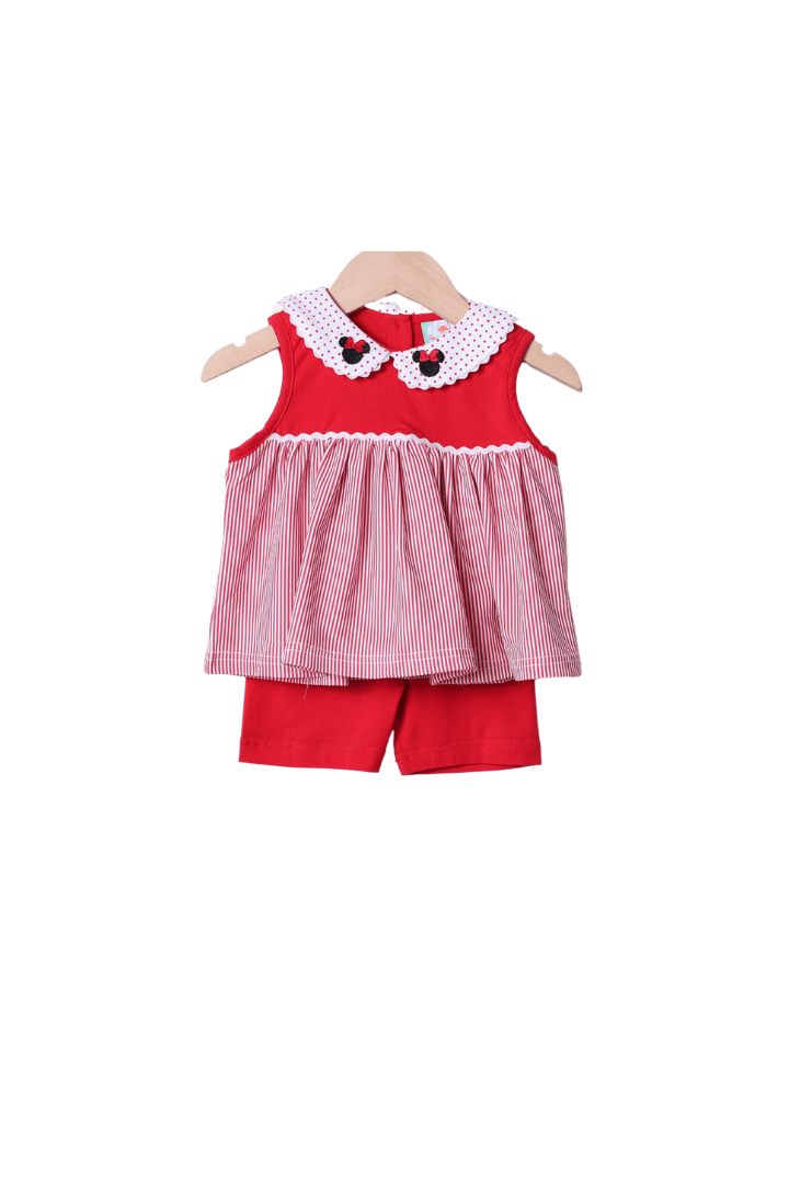 The Smocked Flamingo Apparel & Accessories Mouse Red Knit Stripe/Polka Dot Short Set