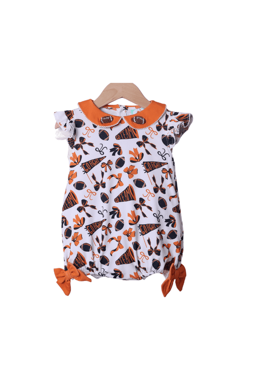 The Smocked Flamingo Apparel & Accessories Navy and Orange French Knot Football Bow Bubble