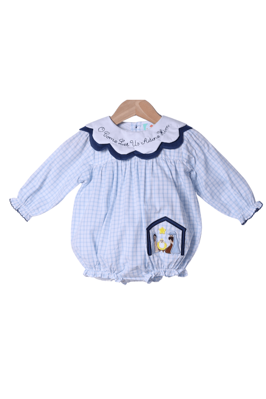 The Smocked Flamingo Apparel & Accessories O Come Let Us Adore Him Blue Windowpane Bubble