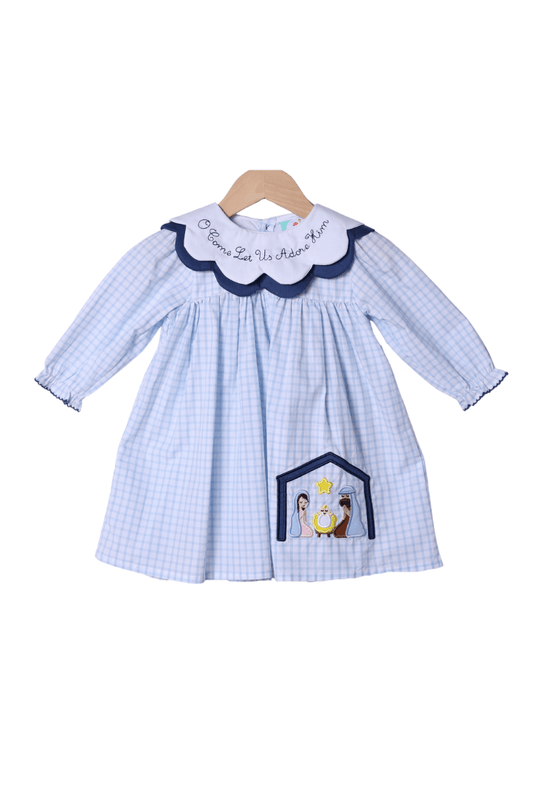 The Smocked Flamingo Apparel & Accessories O Come Let Us Adore Him Blue Windowpane Dress
