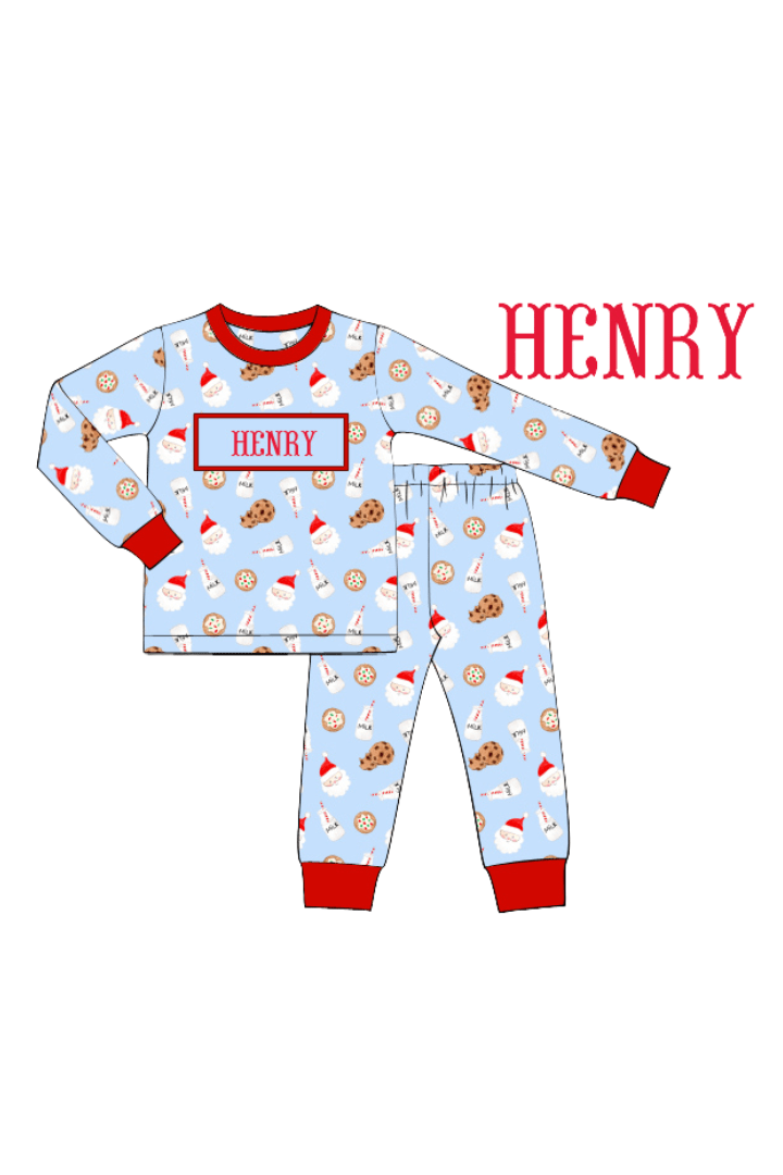 The Smocked Flamingo Apparel & Accessories Pajamas / 9M Pre-Order Smocked Custom Name Blue Cookies and Milk Christmas Trimmings