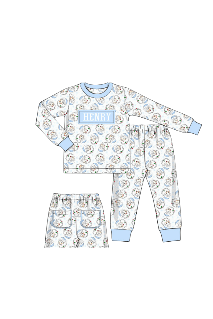 The Smocked Flamingo Apparel & Accessories Pajamas Pre-Order Smocked Custom Name Blue Vintage Santa Christmas Trimmings