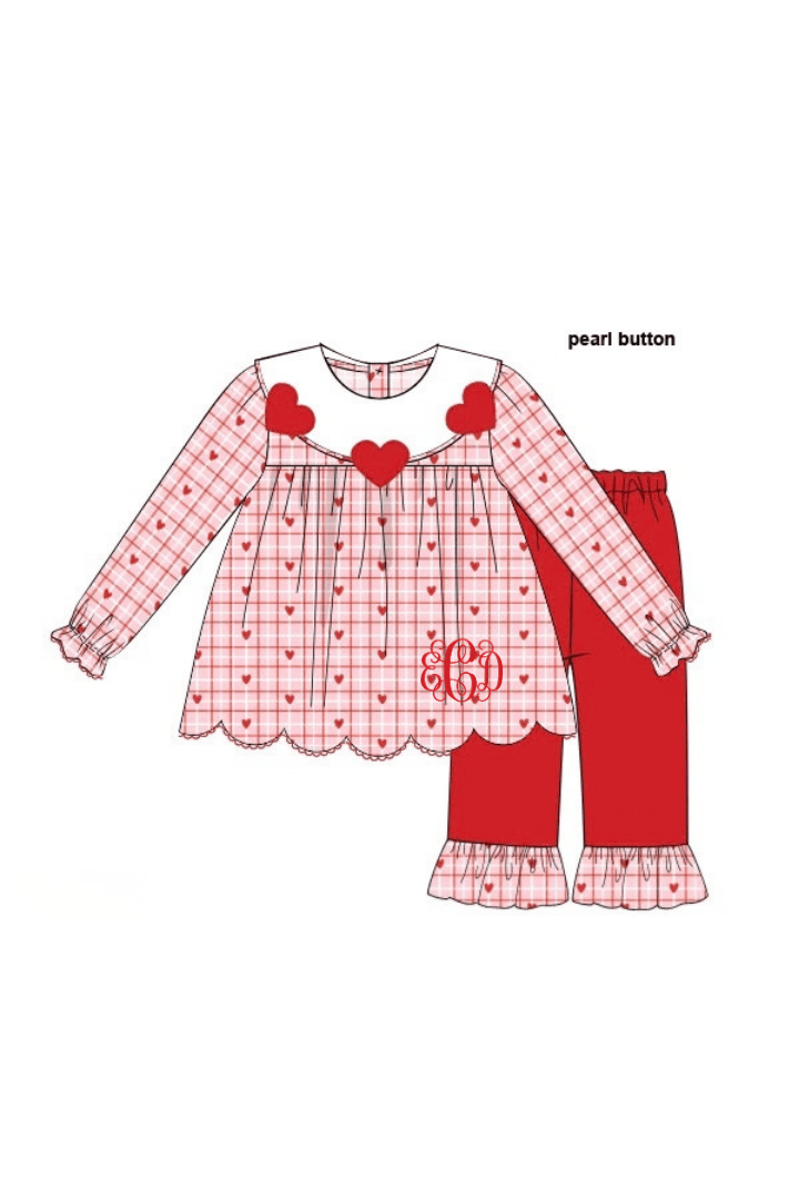 The Smocked Flamingo Apparel & Accessories Pink and Red Scallop Heart Pant Set