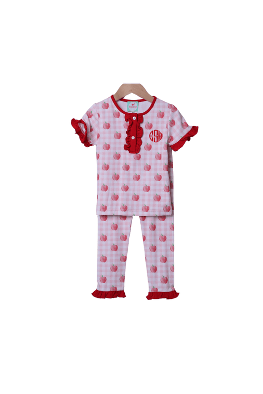 The Smocked Flamingo Apparel & Accessories Pink Gingham Apple Knit Ruffle Pajamas