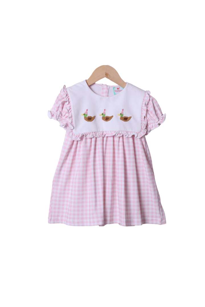 Hand Embroidered Pink Gingham Embroidered Party Duck Dress The Smocked Flamingo Hand Embroidered Pink Gingham Embroidered Party Duck Dress The Smocked Flamingo
