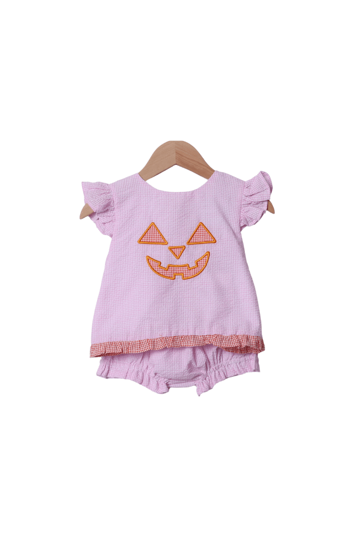 The Smocked Flamingo Apparel & Accessories Pink Seersucker Jack O Lantern Bloomer Set