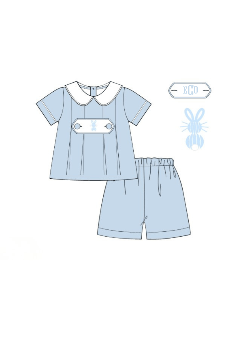 The Smocked Flamingo Apparel & Accessories Pre-Order 2 Tab Bullion Bunny Blue Linen Short Set