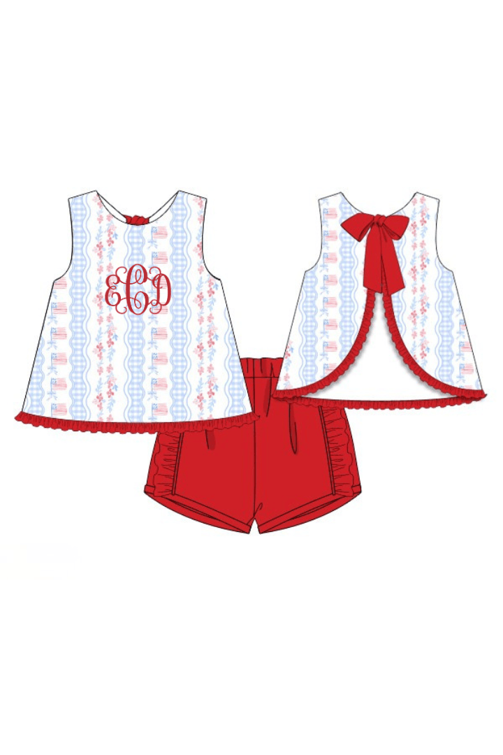 The Smocked Flamingo Apparel & Accessories Pre-Order All American Girl Red and Blue Short Set