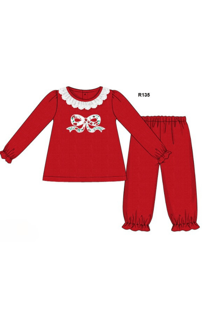 The Smocked Flamingo Apparel & Accessories Pre-Order Applique Christmas Floral Bow Red Cardigan Pant Set
